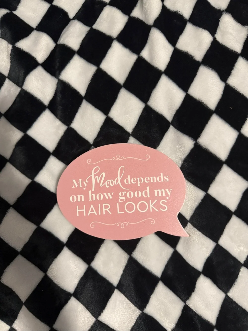 Pink Speech Bubble Hair Quote Sticker on Black & White Checker Background